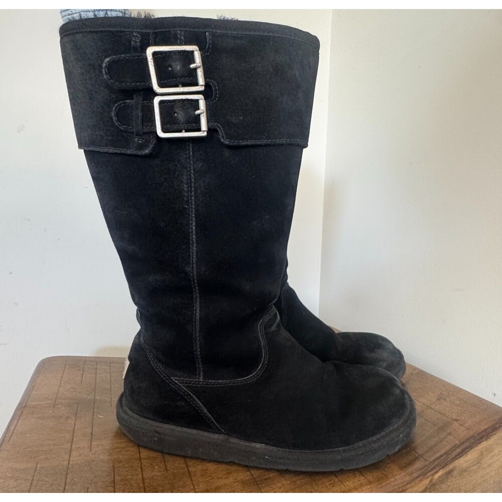 UGG Australia Tall Black Sheepskin Winter Boots Women's Size 8 Buckle Zip